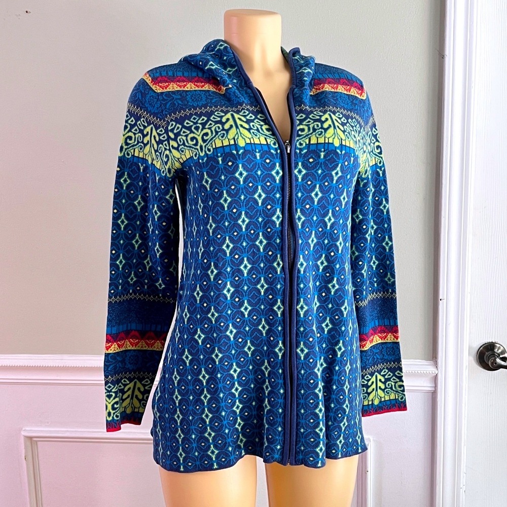 Icelandic Design Full Zip Hooded Sweater S Womens Fair Isle Blue Nordic Gorpcore